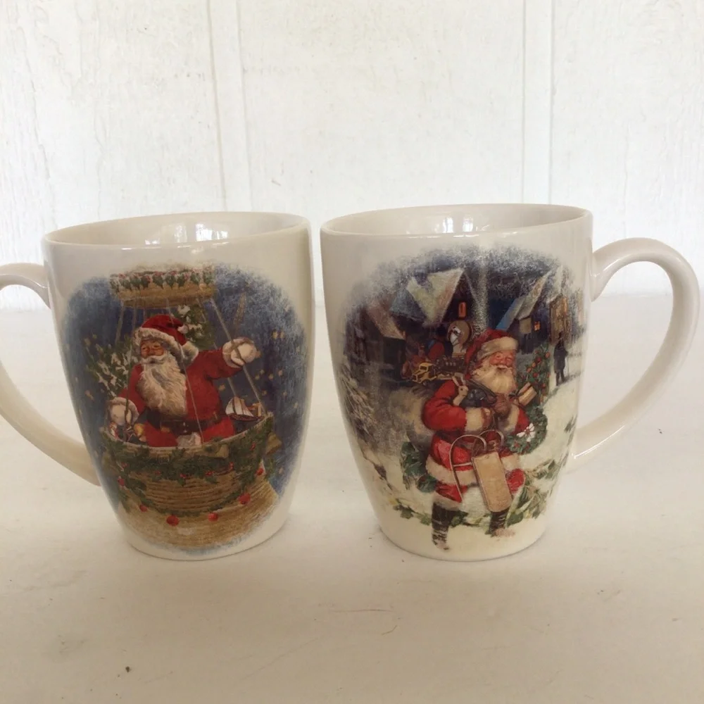 POTTERY BARN SET OF TWO NOSTALGIC SANTA MUGS